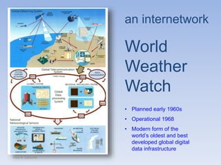 an internetwork
World
Weather
Watch
• Planned early 1960s
• Operational 1968
• Modern form of the
world’s oldest and best
developed global digital
data infrastructure
Paul N. Edwards
 