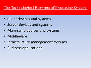 • Client devices and systems
• Server devices and systems
• Mainframe devices and systems
• Middleware
• Infrastructure management systems
• Business applications
The Technological Elements of Processing Systems
 
