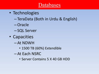 Databases
• Technologies
–TeraData (Both in Urdu & English)
–Oracle
–SQL Server
• Capacities
–At NDWH
• 1500 TB (60%) Extendible
–At Each NSRC
• Server Contains 5 X 40 GB HDD
 