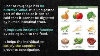 Fiber or roughage has no
nutritive value. It is undigested
part of the food or it can be
said that it cannot be digested
by human intestinal tract.
It improves intestinal function
by adding bulk to the food.
It helps the individual to
satisfy the appetite. It
prevents constipation.
 