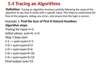 Definition: Tracing an algorithm involves carefully following the steps of the
algorithm to see how it works with a specific input. This helps to understand the
flow of the program, debug any errors, and ensure that the logic is correct.
5.4 Tracing an Algorithms
Example 1: Find the Sum of First N Natural Numbers
Algorithm steps:
Tracing for input n=5:
Initial values: sum=0, n=5
Step 1 loop start
i=1 -> sum=sum+1=1
i=2-> sum=sum+2=3
i=3-> sum=sum+3=6
i=4-> sum=sum+4=10
i=5-> sum=sum+5=15
Final output sum=15
 
