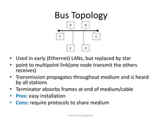 Bus Topology
• Used in early (Ethernet) LANs, but replaced by star
• point to multipoint link(one node transmit the others
receives)
• Transmission propagates throughout medium and is heard
by all stations
• Terminator absorbs frames at end of medium/cable
• Pros: easy installation
• Cons: require protocols to share medium
Prepared By Adugna A.
 