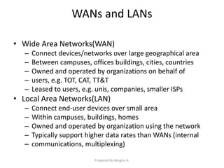 WANs and LANs
• Wide Area Networks(WAN)
– Connect devices/networks over large geographical area
– Between campuses, offices buildings, cities, countries
– Owned and operated by organizations on behalf of
– users, e.g. TOT, CAT, TT&T
– Leased to users, e.g. unis, companies, smaller ISPs
• Local Area Networks(LAN)
– Connect end-user devices over small area
– Within campuses, buildings, homes
– Owned and operated by organization using the network
– Typically support higher data rates than WANs (internal
– communications, multiplexing)
Prepared By Adugna A.
 