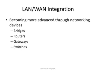 LAN/WAN Integration
• Becoming more advanced through networking
devices
– Bridges
– Routers
– Gateways
– Switches
Prepared By Adugna A.
 