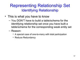 Representing Relationship Set
Identifying Relationship
• This is what you have to know
– You DON’T have to build a table/schema for the
identifying relationship set once you have built a
table/schema for the corresponding weak entity set
– Reason:
• A special case of one-to-many with total participation
• Reduce Redundancy
17
 