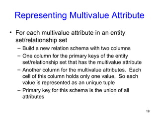 Representing Multivalue Attribute
• For each multivalue attribute in an entity
set/relationship set
– Build a new relation schema with two columns
– One column for the primary keys of the entity
set/relationship set that has the multivalue attribute
– Another column for the multivalue attributes. Each
cell of this column holds only one value. So each
value is represented as an unique tuple
– Primary key for this schema is the union of all
attributes
19
 