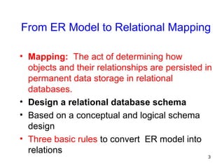 From ER Model to Relational Mapping
• Mapping: The act of determining how
objects and their relationships are persisted in
permanent data storage in relational
databases.
• Design a relational database schema
• Based on a conceptual and logical schema
design
• Three basic rules to convert ER model into
relations
3
 