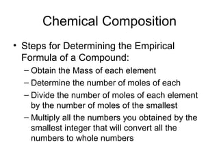 Chemical Composition Steps for Determining the Empirical Formula of a Compound: Obtain the Mass of each element Determine the number of moles of each  Divide the number of moles of each element by the number of moles of the smallest  Multiply all the numbers you obtained by the smallest integer that will convert all the numbers to whole numbers 