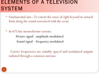 ELEMENTS OF A TELEVISION
SYSTEM
11
• Fundamental aim : To extent the sense of sight beyond its natural
limit along the sound associated with the scene
• In 625 line monochrome system:
Picture signal - amplitude modulated
Sound signal – frequency modulated
Carrier frequencies are suitably spaced and modulated outputs
radiated through a common antenna
 
