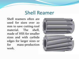 Shell Reamer
Shell reamers often are
used for sizes over 20
mm to save cutting-tool
material. The shell,
made of HSS for smaller
sizes and with carbide
edges for larger sizes or
for mass-production
work.
 