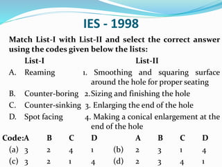 IES - 1998
Match List-I with List-II and select the correct answer
using the codes given below the lists:
List-I List-II
A. Reaming 1. Smoothing and squaring surface
around the hole for proper seating
B. Counter-boring 2.Sizing and finishing the hole
C. Counter-sinking 3. Enlarging the end of the hole
D. Spot facing 4. Making a conical enlargement at the
end of the hole
Code:A B C D A B C D
(a) 3 2 4 1 (b) 2 3 1 4
(c) 3 2 1 4 (d) 2 3 4 1
 