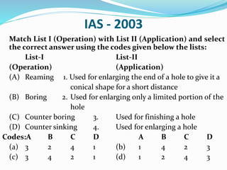 IAS - 2003
Match List I (Operation) with List II (Application) and select
the correct answer using the codes given below the lists:
List-I List-II
(Operation) (Application)
(A) Reaming 1. Used for enlarging the end of a hole to give it a
conical shape for a short distance
(B) Boring 2. Used for enlarging only a limited portion of the
hole
(C) Counter boring 3. Used for finishing a hole
(D) Counter sinking 4. Used for enlarging a hole
Codes:A B C D A B C D
(a) 3 2 4 1 (b) 1 4 2 3
(c) 3 4 2 1 (d) 1 2 4 3
 