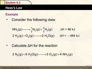 Section 6.3
      Hess’s Law

      Example
       •         Consider the following data:

                                                    1   3
                  NH3 (g )  N2 ( g ) + H2 (g )
                            →                               ∆H = 46 kJ
                                                    2   2
                  2 H2 ( g ) + O2 ( g )  2 H2O( g )
                                         →                  ∆H = − 484 kJ


       •         Calculate ΔH for the reaction

                  2 N2 ( g ) + 6 H2O( g )  3 O 2 ( g ) + 4 NH3 ( g )
                                           →


                                                                            Return to TOC


Copyright © Cengage Learning. All rights reserved                                  36
 
