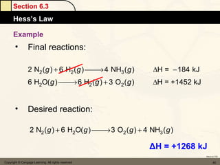 Section 6.3
      Hess’s Law

      Example
       •         Final reactions:

                 2 N2 ( g ) + 6 H2 ( g )  4 NH3 ( g )
                                          →                   ∆H = − 184 kJ
                 6 H2O( g )  6 H2 ( g ) + 3 O 2 ( g )
                             →                                ∆H = +1452 kJ


       •         Desired reaction:

                  2 N2 ( g ) + 6 H2O( g )  3 O 2 ( g ) + 4 NH3 ( g )
                                           →

                                                             ΔH = +1268 kJ
                                                                              Return to TOC


Copyright © Cengage Learning. All rights reserved                                    40
 
