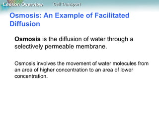 Lesson OverviewLesson Overview Cell TransportCell Transport
Osmosis: An Example of Facilitated
Diffusion
Osmosis is the diffusion of water through a
selectively permeable membrane.
Osmosis involves the movement of water molecules from
an area of higher concentration to an area of lower
concentration.
 