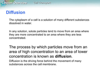 Lesson OverviewLesson Overview Cell TransportCell Transport
Diffusion
The cytoplasm of a cell is a solution of many different substances
dissolved in water.
In any solution, solute particles tend to move from an area where
they are more concentrated to an area where they are less
concentrated.
The process by which particles move from an
area of high concentration to an area of lower
concentration is known as diffusion.
Diffusion is the driving force behind the movement of many
substances across the cell membrane.
 