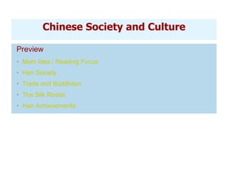 Preview Main Idea / Reading Focus  Han Society Trade and Buddhism The Silk Roads   Han Achievements Chinese Society and Culture 