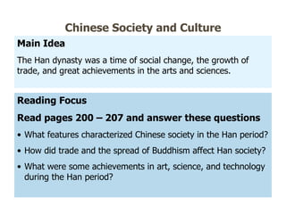 Reading Focus  Read pages 200 – 207 and answer these questions What features characterized Chinese society in the Han period? How did trade and the spread of Buddhism affect Han society? What were some achievements in art, science, and technology during the Han period? Main Idea  The Han dynasty was a time of social change, the growth of trade, and great achievements in the arts and sciences. Chinese Society and Culture 