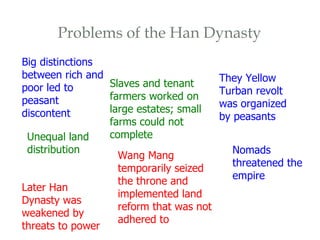 Problems of the Han Dynasty Big distinctions between rich and poor led to peasant discontent Unequal land distribution Later Han Dynasty was weakened by threats to power Slaves and tenant farmers worked on large estates; small farms could not complete Wang Mang temporarily seized the throne and implemented land reform that was not adhered to They Yellow Turban revolt was organized by peasants Nomads threatened the empire 