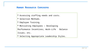 Ch 7 -21
Human Resource Concerns
 Assessing staffing needs and costs.
 Selection Methods.
 Employee Training.
 Motivating Employees – Developing
Performance Incentives; Work-Life Balance
Issues; etc.
 Selecting Appropriate Leadership Styles.
 
