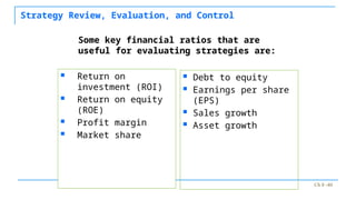Ch 8 -40
Strategy Review, Evaluation, and Control
 Return on
investment (ROI)
 Return on equity
(ROE)
 Profit margin
 Market share
 Debt to equity
 Earnings per share
(EPS)
 Sales growth
 Asset growth
Some key financial ratios that are
useful for evaluating strategies are:
 