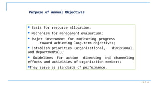 Ch 7 -8
Purpose of Annual Objectives
 Basis for resource allocation;
 Mechanism for management evaluation;
 Major instrument for monitoring progress
toward achieving long-term objectives;
 Establish priorities (organizational, divisional,
and departmental);
 Guidelines for action, directing and channeling
efforts and activities of organization members;
They serve as standards of performance.
 