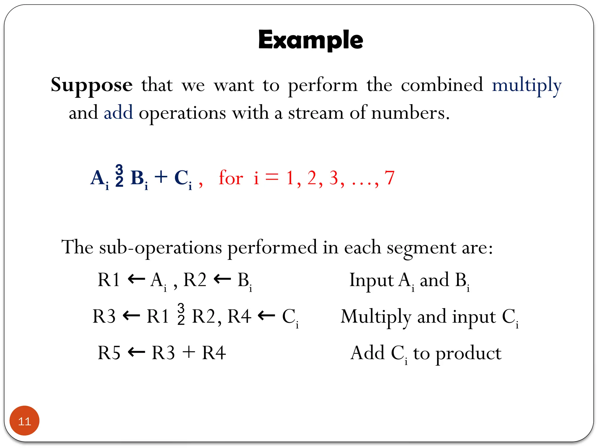 Example
11
Suppose that we want to perform the combined multiply
and add operations with a stream of numbers.
Ai  Bi + Ci , for i = 1, 2, 3, …, 7
The sub-operations performed in each segment are:
R1 A
← i , R2 B
← i Input Ai and Bi
R3 R1
←  R2, R4 C
← i Multiply and input Ci
R5 R3 + R4
← Add Ci to product
 