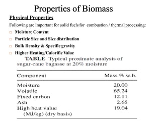 Properties of Biomass
Physical Properties
Following are important for solid fuels for combustion / thermal processing:
 Moisture Content
 Particle Size and Size distribution
 Bulk Density & Specific gravity
 Higher Heating/Calorific Value
 