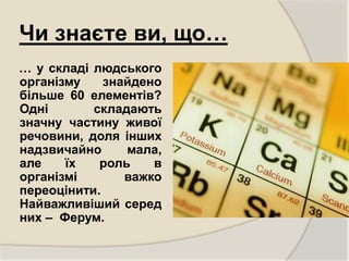 Чи знаєте ви, що… 
… у складі людського 
організму знайдено 
більше 60 елементів? 
Одні складають 
значну частину живої 
р...