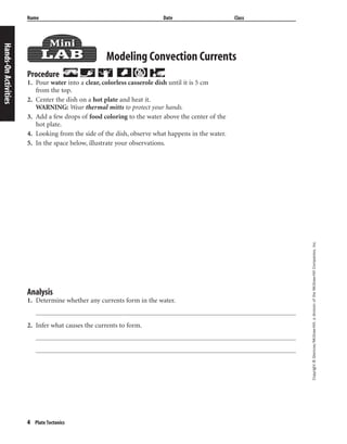 4 Plate Tectonics
Name Date Class
Modeling Convection Currents
Procedure
1. Pour water into a clear, colorless casserole dish until it is 5 cm
from the top.
2. Center the dish on a hot plate and heat it.
WARNING: Wear thermal mitts to protect your hands.
3. Add a few drops of food coloring to the water above the center of the
hot plate.
4. Looking from the side of the dish, observe what happens in the water.
5. In the space below, illustrate your observations.
Hands-OnActivities
Copyright©Glencoe/McGraw-Hill,adivisionoftheMcGraw-HillCompanies,Inc.
Analysis
1. Determine whether any currents form in the water.
2. Infer what causes the currents to form.
 