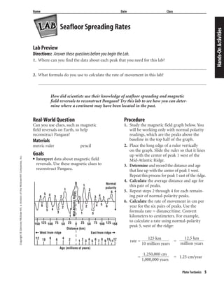 Copyright©Glencoe/McGraw-Hill,adivisionoftheMcGraw-HillCompanies,Inc.
Plate Tectonics 5
Name Date Class
Lab Preview
Directions: Answer these questions before you begin the Lab.
1. Where can you find the data about each peak that you need for this lab?
2. What formula do you use to calculate the rate of movement in this lab?
How did scientists use their knowledge of seafloor spreading and magnetic
field reversals to reconstruct Pangaea? Try this lab to see how you can deter-
mine where a continent may have been located in the past.
Seafloor Spreading Rates
Hands-OnActivities
Real-World Question
Can you use clues, such as magnetic
field reversals on Earth, to help
reconstruct Pangaea?
Materials
metric ruler pencil
Goals
■ Interpret data about magnetic field
reversals. Use these magnetic clues to
reconstruct Pangaea.
Procedure
1. Study the magnetic field graph below. You
will be working only with normal polarity
readings, which are the peaks above the
baseline in the top half of the graph.
2. Place the long edge of a ruler vertically
on the graph. Slide the ruler so that it lines
up with the center of peak 1 west of the
Mid-Atlantic Ridge.
3. Determine and record the distance and age
that line up with the center of peak 1 west.
Repeat this process for peak 1 east of the ridge.
4. Calculate the average distance and age for
this pair of peaks.
5. Repeat steps 2 through 4 for each remain-
ing pair of normal-polarity peaks.
6. Calculate the rate of movement in cm per
year for the six pairs of peaks. Use the
formula rate = distance/time. Convert
kilometers to centimeters. For example,
to calculate a rate using normal-polarity
peak 5, west of the ridge:
rate =
125 km
10 million years
=
=
1,250,000 cm
1,000,000 years
=
12.5 km
million years
1.25 cm/year
Age (millions of years)
West from ridge East from ridge
6
5 4
23
1
1
2
3 4
5
6
6
54
3
2
1
1
2
3
45
6
Mid-AtlanticRidge
Distance (km)
Normal
polarity
12 8 410 6 2 1 2 3 4 5 6 7 8 9 10 1211
150 125 100 75 50 25 25 50 75 100 125 1500
 