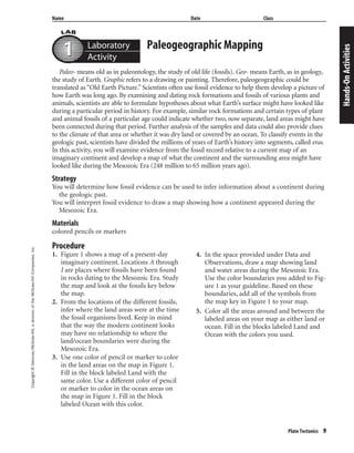 Copyright©Glencoe/McGraw-Hill,adivisionoftheMcGraw-HillCompanies,Inc.
Plate Tectonics 9
Name Date Class
Paleogeographic Mapping
Paleo- means old as in paleontology, the study of old life (fossils). Geo- means Earth, as in geology,
the study of Earth. Graphic refers to a drawing or painting. Therefore, paleogeographic could be
translated as “Old Earth Picture.” Scientists often use fossil evidence to help them develop a picture of
how Earth was long ago. By examining and dating rock formations and fossils of various plants and
animals, scientists are able to formulate hypotheses about what Earth’s surface might have looked like
during a particular period in history. For example, similar rock formations and certain types of plant
and animal fossils of a particular age could indicate whether two, now separate, land areas might have
been connected during that period. Further analysis of the samples and data could also provide clues
to the climate of that area or whether it was dry land or covered by an ocean. To classify events in the
geologic past, scientists have divided the millions of years of Earth’s history into segments, called eras.
In this activity, you will examine evidence from the fossil record relative to a current map of an
imaginary continent and develop a map of what the continent and the surrounding area might have
looked like during the Mesozoic Era (248 million to 65 million years ago).
Strategy
You will determine how fossil evidence can be used to infer information about a continent during
the geologic past.
You will interpret fossil evidence to draw a map showing how a continent appeared during the
Mesozoic Era.
Materials
colored pencils or markers
Hands-OnActivities
Laboratory
Activity11
Procedure
1. Figure 1 shows a map of a present-day
imaginary continent. Locations A through
I are places where fossils have been found
in rocks dating to the Mesozoic Era. Study
the map and look at the fossils key below
the map.
2. From the locations of the different fossils,
infer where the land areas were at the time
the fossil organisms lived. Keep in mind
that the way the modern continent looks
may have no relationship to where the
land/ocean boundaries were during the
Mesozoic Era.
3. Use one color of pencil or marker to color
in the land areas on the map in Figure 1.
Fill in the block labeled Land with the
same color. Use a different color of pencil
or marker to color in the ocean areas on
the map in Figure 1. Fill in the block
labeled Ocean with this color.
4. In the space provided under Data and
Observations, draw a map showing land
and water areas during the Mesozoic Era.
Use the color boundaries you added to Fig-
ure 1 as your guideline. Based on these
boundaries, add all of the symbols from
the map key in Figure 1 to your map.
5. Color all the areas around and between the
labeled areas on your map as either land or
ocean. Fill in the blocks labeled Land and
Ocean with the colors you used.
 