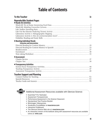 iii
To the Teacher iv
Reproducible Student Pages
■ Hands-On Activities
MiniLAB: Try at Home Interpreting Fossil Data . . . . . . . . . . . . . . . . . . . . . . . . . . . . . . . . . . . . . . . . . 3
MiniLAB: Modeling Convection Currents. . . . . . . . . . . . . . . . . . . . . . . . . . . . . . . . . . . . . . . . . . . . . . . 4
Lab: Seafloor Spreading Rates. . . . . . . . . . . . . . . . . . . . . . . . . . . . . . . . . . . . . . . . . . . . . . . . . . . . . . . . 5
Lab: Use the Internet Predicting Tectonic Activity . . . . . . . . . . . . . . . . . . . . . . . . . . . . . . . . . . . . . . . . 7
Laboratory Activity 1: Paleogeographic Mapping. . . . . . . . . . . . . . . . . . . . . . . . . . . . . . . . . . . . . . . . . 9
Laboratory Activity 2: How do continental plates move? . . . . . . . . . . . . . . . . . . . . . . . . . . . . . . . . . . 13
Foldables: Reading and Study Skills . . . . . . . . . . . . . . . . . . . . . . . . . . . . . . . . . . . . . . . . . . . . . . . . . 17
■ Meeting Individual Needs
Extension and Intervention
Directed Reading for Content Mastery . . . . . . . . . . . . . . . . . . . . . . . . . . . . . . . . . . . . . . . . . . . . . . . 19
Directed Reading for Content Mastery in Spanish . . . . . . . . . . . . . . . . . . . . . . . . . . . . . . . . . . . . . . 23
Reinforcement . . . . . . . . . . . . . . . . . . . . . . . . . . . . . . . . . . . . . . . . . . . . . . . . . . . . . . . . . . . . . . . . . . 27
Enrichment . . . . . . . . . . . . . . . . . . . . . . . . . . . . . . . . . . . . . . . . . . . . . . . . . . . . . . . . . . . . . . . . . . . . 30
Note-taking Worksheet . . . . . . . . . . . . . . . . . . . . . . . . . . . . . . . . . . . . . . . . . . . . . . . . . . . . . . . . . . . 33
■ Assessment
Chapter Review . . . . . . . . . . . . . . . . . . . . . . . . . . . . . . . . . . . . . . . . . . . . . . . . . . . . . . . . . . . . . . . . . 37
Chapter Test . . . . . . . . . . . . . . . . . . . . . . . . . . . . . . . . . . . . . . . . . . . . . . . . . . . . . . . . . . . . . . . . . . . . 39
■ Transparency Activities
Section Focus Transparency Activities. . . . . . . . . . . . . . . . . . . . . . . . . . . . . . . . . . . . . . . . . . . . . . . . 44
Teaching Transparency Activity. . . . . . . . . . . . . . . . . . . . . . . . . . . . . . . . . . . . . . . . . . . . . . . . . . . . . 47
Assessment Transparency Activity. . . . . . . . . . . . . . . . . . . . . . . . . . . . . . . . . . . . . . . . . . . . . . . . . . . 49
Teacher Support and Planning
Content Outline for Teaching . . . . . . . . . . . . . . . . . . . . . . . . . . . . . . . . . . . . . . . . . . . . . . . . . . . . . . T2
Spanish Resources . . . . . . . . . . . . . . . . . . . . . . . . . . . . . . . . . . . . . . . . . . . . . . . . . . . . . . . . . . . . . . T5
Teacher Guide and Answers . . . . . . . . . . . . . . . . . . . . . . . . . . . . . . . . . . . . . . . . . . . . . . . . . . . . . . . T9
Table of Contents
Additional Assessment Resources available with Glencoe Science:
• ExamView® Pro Testmaker
• Assessment Transparencies
• Performance Assessment in the Science Classroom
• Standardized Test Practice Booklet
• MindJogger Videoquizzes
• Vocabulary PuzzleMaker at msscience.com
• Interactive Chalkboard
• The Glencoe Science Web site at: msscience.com
• An interactive version of this textbook along with assessment resources are available
online at: mhln.com
 