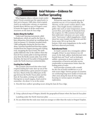 Copyright©Glencoe/McGraw-Hill,adivisionoftheMcGraw-HillCompanies,Inc.
Name Date Class
Plate Tectonics 31
Axial Volcano—Evidence for
Seafloor Spreading
What happens when a volcano erupts under
water? Ocean scientists got the opportunity to
find out in January 1988 when Axial erupted.
Axial is an underwater volcano, or seamount,
located about 480 km west of Oregon’s coast.
It looms the largest of all the underwater
structures on the Juan de Fuca ridge.
Quakes Along the Seafloor
Underwater listening instruments called
hydrophones, which are used by the Navy to
hear submarines, first picked up rumblings from
Axial on January 25. Scientists recorded nearly
7,000 earthquakes during the first four days
alone. Scientists hypothesized that these quakes
resulted from hot magma moving and cracking
rock, uncapping the top of Axial. The earth-
quakes followed a line in the seafloor where the
Juan de Fuca oceanic plate is moving eastward,
away from the Pacific oceanic plate. East of the
shoreline, the Juan de Fuca plate is being pushed
under the North American continental plate.
Creating New Seafloor
The scientists discovered that when Axial
erupted, boiling-hot water shot up out of the
volcano, followed by a great amount of super-
hot lava. Much of this lava filled part of the
gap between the Pacific Ocean plate and the
Juan de Fuca plate, creating new seafloor.
Having lost so much magma, Axial caved in
somewhat—by about 3.2 m in the center.
Megaplumes
Around the same time, another group of
scientists was on a 52 m research ship, the
Wecoma, on the ocean’s surface about a mile
above. They fought stormy conditions to
gather data such as water temperature, water
current flow, and samples of chemicals from
the eruption. In 1986 scientists had learned
that underwater volcanoes can cause under-
water “hurricanes,” called megaplumes, which
shoot hot water loaded with minerals and life-
forms some 305 m up from the
bottom. Only seven megaplumes in the world
had been observed previously.
Hydrothermal Vents
At Axial’s summit sits a rectangular caldera
(roughly 20 km2 in area) between two rift
zones. In the dark caldera, hydrothermal vents
furnish heat and “food” such as hydrogen
sulfide—poisonous to most creatures—to
communities of bacteria and tube worms
comfortable in temperatures hotter than the
boiling point of water.
Axial provides scientists with a model
for the rest of Earth’s 64,000 km or so of
mid-ocean ridges. Various groups of scientists
are conducting long-term studies of Axial and
other areas along the Juan de Fuca ridge,
focusing on various aspects of seafloor
exploration.
MeetingIndividualNeeds
Enrichment
22
1. Describe how seafloor spreading occurs along the Juan de Fuca ridge.
2. Using a physical map of Oregon, identify the geographical feature where the Juan de Fuca plate
is pushing under the North American plate.
3. Do you think that the rocks near Axial are younger or older than the rocks in Oregon? Explain.
 