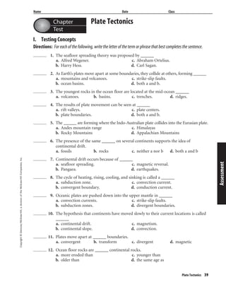 Copyright©Glencoe/McGraw-Hill,adivisionoftheMcGraw-HillCompanies,Inc.
Name Date Class
Plate Tectonics 39
Chapter
Test
Plate Tectonics
I. Testing Concepts
Directions: For each of the following, write the letter of the term or phrase that best completes the sentence.
1. The seafloor spreading theory was proposed by ______
a. Alfred Wegener. c. Abraham Ortelius.
b. Harry Hess. d. Carl Sagan.
2. As Earth’s plates move apart at some boundaries, they collide at others, forming ______
a. mountains and volcanoes. c. strike-slip faults.
b. ocean basins. d. both a and b.
3. The youngest rocks in the ocean floor are located at the mid-ocean ______
a. volcanoes. b. basins. c. trenches. d. ridges.
4. The results of plate movement can be seen at ______
a. rift valleys. c. plate centers.
b. plate boundaries. d. both a and b.
5. The ______ are forming where the Indo-Australian plate collides into the Eurasian plate.
a. Andes mountain range c. Himalayas
b. Rocky Mountains d. Appalachian Mountains
6. The presence of the same ______ on several continents supports the idea of
continental drift.
a. fossils b. rocks c. neither a nor b d. both a and b
7. Continental drift occurs because of ______
a. seafloor spreading. c. magnetic reversal.
b. Pangaea. d. earthquakes.
8. The cycle of heating, rising, cooling, and sinking is called a ______
a. subduction zone. c. convection current.
b. convergent boundary. d. conduction current.
9. Oceanic plates are pushed down into the upper mantle in ______
a. convection currents. c. strike-slip faults.
b. subduction zones. d. divergent boundaries.
10. The hypothesis that continents have moved slowly to their current locations is called
______
a. continental drift. c. magnetism.
b. continental slope. d. convection.
11. Plates move apart at ______ boundaries.
a. convergent b. transform c. divergent d. magnetic
12. Ocean floor rocks are ______ continental rocks.
a. more eroded than c. younger than
b. older than d. the same age as
Assessment
 