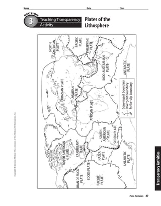 Copyright©Glencoe/McGraw-Hill,adivisionoftheMcGraw-HillCompanies,Inc.
Name Date Class
Plate Tectonics 47
Plates of the
Lithosphere
TransparencyActivities
Teaching Transparency
Activity33
PACIFIC
PLATE
NORTHAMERICAN
PLATE
SOUTH
AMERICAN
PLATE
AFRICANPLATE
EURASIANPLATE
PACIFIC
PLATE
INDO-AUSTRALIAN
PLATE
ANTARCTIC
PLATE
ANTARCTIC
PLATE
PHILIPPINE
PLATE
NORTH
AMERICAN
PLATE
COCOSPLATE
SCOTIAPLATE
ARABIAN
PLATE
NAZCA
PLATE
CARIBBEAN
PLATE
JUANDEFUCA
PLATE
Convergentboundary
Divergentboundary
Strike-slipboundary
 