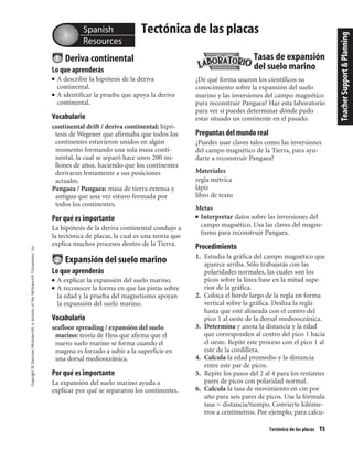 Copyright©Glencoe/McGraw-Hill,adivisionoftheMcGraw-HillCompanies,Inc.
Tectónica de las placas T5
Spanish
Resources
Tectónica de las placas
Deriva continental
Lo que aprenderás
■ A describir la hipótesis de la deriva
continental.
■ A identificar la prueba que apoya la deriva
continental.
Vocabulario
continental drift / deriva continental: hipó-
tesis de Wegener que afirmaba que todos los
continentes estuvieron unidos en algún
momento formando una sola masa conti-
nental, la cual se separó hace unos 200 mi-
llones de años, haciendo que los continentes
derivaran lentamente a sus posiciones
actuales.
Pangaea / Pangaea: masa de tierra extensa y
antigua que una vez estuvo formada por
todos los continentes.
Por qué es importante
La hipótesis de la deriva continental condujo a
la tectónica de placas, la cual es una teoría que
explica muchos procesos dentro de la Tierra.
Expansión del suelo marino
Lo que aprenderás
■ A explicar la expansión del suelo marino.
■ A reconocer la forma en que las pistas sobre
la edad y la prueba del magnetismo apoyan
la expansión del suelo marino.
Vocabulario
seafloor spreading / expansión del suelo
marino: teoría de Hess que afirma que el
nuevo suelo marino se forma cuando el
magma es forzado a subir a la superficie en
una dorsal mediooceánica.
Por qué es importante
La expansión del suelo marino ayuda a
explicar por qué se separaron los continentes.
Tasas de expansión
del suelo marino
¿De qué forma usaron los científicos su
conocimiento sobre la expansión del suelo
marino y las inversiones del campo magnético
para reconstruir Pangaea? Haz esta laboratorio
para ver si puedes determinar dónde pudo
estar situado un continente en el pasado.
Preguntas del mundo real
¿Puedes usar claves tales como las inversiones
del campo magnético de la Tierra, para ayu-
darte a reconstruir Pangaea?
Materiales
regla métrica
lápiz
libro de texto
Metas
■ Interpretar datos sobre las inversiones del
campo magnético. Usa las claves del magne-
tismo para reconstruir Pangaea.
Procedimiento
1. Estudia la gráfica del campo magnético que
aparece arriba. Sólo trabajarás con las
polaridades normales, las cuales son los
picos sobre la línea base en la mitad supe-
rior de la gráfica.
2. Coloca el borde largo de la regla en forma
vertical sobre la gráfica. Desliza la regla
hasta que esté alineada con el centro del
pico 1 al oeste de la dorsal mediooceánica.
3. Determina y anota la distancia y la edad
que corresponden al centro del pico 1 hacia
el oeste. Repite este proceso con el pico 1 al
este de la cordillera.
4. Calcula la edad promedio y la distancia
entre este par de picos.
5. Repite los pasos del 2 al 4 para los restantes
pares de picos con polaridad normal.
6. Calcula la tasa de movimiento en cm por
año para seis pares de picos. Usa la fórmula
tasa = distancia/tiempo. Convierte kilóme-
tros a centímetros. Por ejemplo, para calcu-
TeacherSupport&Planning
 