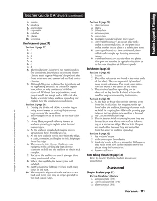 Copyright©Glencoe/McGraw-Hill,adivisionoftheMcGraw-HillCompanies,Inc.
Plate Tectonics T11
Teacher Guide & Answers (continued)
4. manto
5. litosfera
6. astenosfera
7. expansión
8. coloides
9. placas
10. tectónica
Reinforcement (page 27)
Section 1 (page 27)
1. f
2. e
3. g
4. b
5. a
6. c
7. d
8. The fossil plant Glossopteris has been found on
five continents. Its presence in so many diverse
climate areas support Wegener’s hypothesis that
these areas were once connected and had similar
climates.
9. Although Wegener explained his hypothesis and
its supporting evidence, he could not explain
how, when, or why continental drift had
occurred. Without these explanations, most
people could not accept such a different idea.
Today scientists believe seafloor spreading may
explain how the continents would move.
Section 2 (page 28)
1. During the 1940s and 1950s, scientists began
using sound waves on moving ships to map
large areas of the ocean floor.
2. The youngest rocks are found at the mid-ocean
ridges.
3. Henry Hess proposed a theory known as
seafloor spreading to explain what formed
ocean ridges.
4. As the seafloor spreads, hot magma moves
upward and flows from the cracks.
5. As the new seafloor moves away from the ridge,
it cools, contracts, and begins to sink, helping to
form the ridge.
6. The research ship Glomar Challenger was
equipped with a drilling rig that allowed
scientists to drill into the seafloor to obtain rock
samples.
7. Rocks on the seafloor are much younger than
many continental rocks.
8. When plates collide, the denser plate will
subduct.
9. Earth’s magnetic field has reversed itself many
times in the past.
10. The magnetic alignment in the rocks reverses
back and forth over time in stripes parallel to
the mid-ocean ridges.
Section 3 (page 29)
1. plate tectonics
2. plates
3. lithosphere
4. asthenosphere
5. convection
6. divergent boundary; plates move apart
7. convergent boundary; an ocean plate sinks
under a continental plate, or one plate sinks
under another ocean plate at a subduction zone.
8. convergent boundary; two continental plates
collide and crumple up, forming mountain
ranges
9. transform boundary; occurs when two plates
slide past one another in opposite directions or
in the same direction at different speeds
Enrichment (page 30)
Section 1 (page 30)
1. Iceland
2. The oldest volcanoes are found at the outer ends
of the island. They are separated by bands of
more recent volcanoes. The most recent volca-
noes are found at the center of the island.
3. The results of seafloor spreading can be
observed on dry land in Iceland, without the
need for deep-sea measuring instruments.
Section 2 (page 31)
1. As the Juan de Fuca plate moves eastward away
from the Pacific plate, hot magma pushes up
from below the seafloor, forming volcanoes such
as Axial. As erupting lava fills in the growing gap
between the two plates, new seafloor is formed.
2. the Cascade mountain range
3. The rocks near Axial are young because they are
formed in an area where new seafloor is form-
ing, at a mid-ocean ridge. The rocks in Oregon
are much older because they are located far
from the center of seafloor spreading.
Section 3 (page 32)
1. See students’ maps.
2. at the convergent boundaries
3. Students’ results will vary somewhat. Differences
may result from how far the students move the
pieces along the boundaries.
4. Answers will vary.
Note-taking Worksheet (page 33)
Refer to Teacher Outline, student answers are
underlined.
Assessment
Chapter Review (page 37)
Part A. Vocabulary Review
1. asthenosphere (6/3)
2. convection current (6/3)
3. plate tectonics (5/3)
TeacherSupport&Planning
 