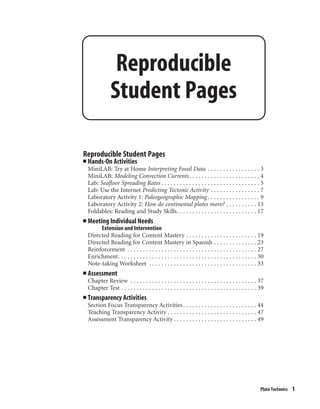 Reproducible Student Pages
■ Hands-On Activities
MiniLAB: Try at Home Interpreting Fossil Data . . . . . . . . . . . . . . . . . 3
MiniLAB: Modeling Convection Currents. . . . . . . . . . . . . . . . . . . . . . . 4
Lab: Seafloor Spreading Rates . . . . . . . . . . . . . . . . . . . . . . . . . . . . . . . . 5
Lab: Use the Internet Predicting Tectonic Activity . . . . . . . . . . . . . . . . 7
Laboratory Activity 1: Paleogeographic Mapping . . . . . . . . . . . . . . . . . 9
Laboratory Activity 2: How do continental plates move? . . . . . . . . . . 13
Foldables: Reading and Study Skills. . . . . . . . . . . . . . . . . . . . . . . . . . 17
■ Meeting Individual Needs
Extension and Intervention
Directed Reading for Content Mastery . . . . . . . . . . . . . . . . . . . . . . . 19
Directed Reading for Content Mastery in Spanish . . . . . . . . . . . . . . 23
Reinforcement . . . . . . . . . . . . . . . . . . . . . . . . . . . . . . . . . . . . . . . . . . 27
Enrichment. . . . . . . . . . . . . . . . . . . . . . . . . . . . . . . . . . . . . . . . . . . . . 30
Note-taking Worksheet . . . . . . . . . . . . . . . . . . . . . . . . . . . . . . . . . . . 33
■ Assessment
Chapter Review . . . . . . . . . . . . . . . . . . . . . . . . . . . . . . . . . . . . . . . . . 37
Chapter Test . . . . . . . . . . . . . . . . . . . . . . . . . . . . . . . . . . . . . . . . . . . . 39
■ Transparency Activities
Section Focus Transparency Activities. . . . . . . . . . . . . . . . . . . . . . . . 44
Teaching Transparency Activity . . . . . . . . . . . . . . . . . . . . . . . . . . . . . 47
Assessment Transparency Activity . . . . . . . . . . . . . . . . . . . . . . . . . . . 49
Plate Tectonics 1
Reproducible
Student Pages
 