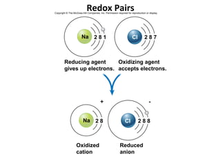 Redox Pairs
Copyright © The McGraw-Hill Companies, Inc. Permission required for reproduction or display.




                       Na 2 8 1                                      Cl         287



        Reducing agent      Oxidizing agent
        gives up electrons. accepts electrons.




                                        +                                          -


                         Na 2 8                               Cl          288



                   Oxidized                               Reduced
                   cation                                 anion
 