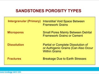 SANDSTONES POROSITY TYPES
Intergranular (Primary)
Dissolution
Micropores
Fractures
Interstitial Void Space Between
Framework Grains
Partial or Complete Dissolution of
Framework Grains or Cement
Small Pores Mainly Between Detrital
or Authigenic Grains (Can Also Occur
Within Grains
Breakage Due to Earth Stresses
 