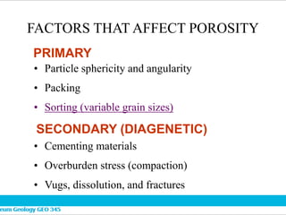 FACTORS THAT AFFECT POROSITY
• Particle sphericity and angularity
• Packing
• Sorting (variable grain sizes)
• Cementing materials
• Overburden stress (compaction)
• Vugs, dissolution, and fractures
PRIMARY
SECONDARY (DIAGENETIC)
 
