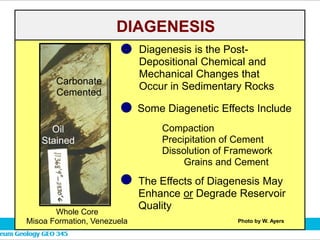 DIAGENESIS
Carbonate
Cemented
Oil
Stained
Diagenesis is the Post-
Depositional Chemical and
Mechanical Changes that
Occur in Sedimentary Rocks
Some Diagenetic Effects Include
Compaction
Precipitation of Cement
Dissolution of Framework
Grains and Cement
The Effects of Diagenesis May
Enhance or Degrade Reservoir
Quality
Whole Core
Misoa Formation, Venezuela Photo by W. Ayers
 