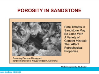 POROSITY IN SANDSTONE
Scanning Electron Micrograph
Tordillo Sandstone, Neuquen Basin, Argentina
Pore Throats in
Sandstone May
Be Lined With
A Variety of
Cement Minerals
That Affect
Petrophysical
Properties
Photomicrograph by R.L. Kugler
 