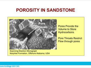 POROSITY IN SANDSTONE
Scanning Electron Micrograph
Norphlet Formation, Offshore Alabama, USA
Pores Provide the
Volume to Store
Hydrocarbons
Pore Throats Restrict
Flow through pores
Pore
Throat
 