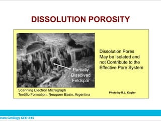 DISSOLUTION POROSITY
Scanning Electron Micrograph
Tordillo Formation, Neuquen Basin, Argentina
Partially
Dissolved
Feldspar
Dissolution Pores
May be Isolated and
not Contribute to the
Effective Pore System
Photo by R.L. Kugler
 