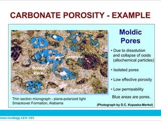 CARBONATE POROSITY - EXAMPLE
Thin section micrograph - plane-polarized light
Smackover Formation, Alabama (Photograph by D.C. Kopaska-Merkel)
Moldic
Pores
• Due to dissolution
and collapse of ooids
(allochemical particles)
• Isolated pores
• Low effective porosity
• Low permeability
Blue areas are pores.
Calcite
Dolomite
Moldic
Pore
 
