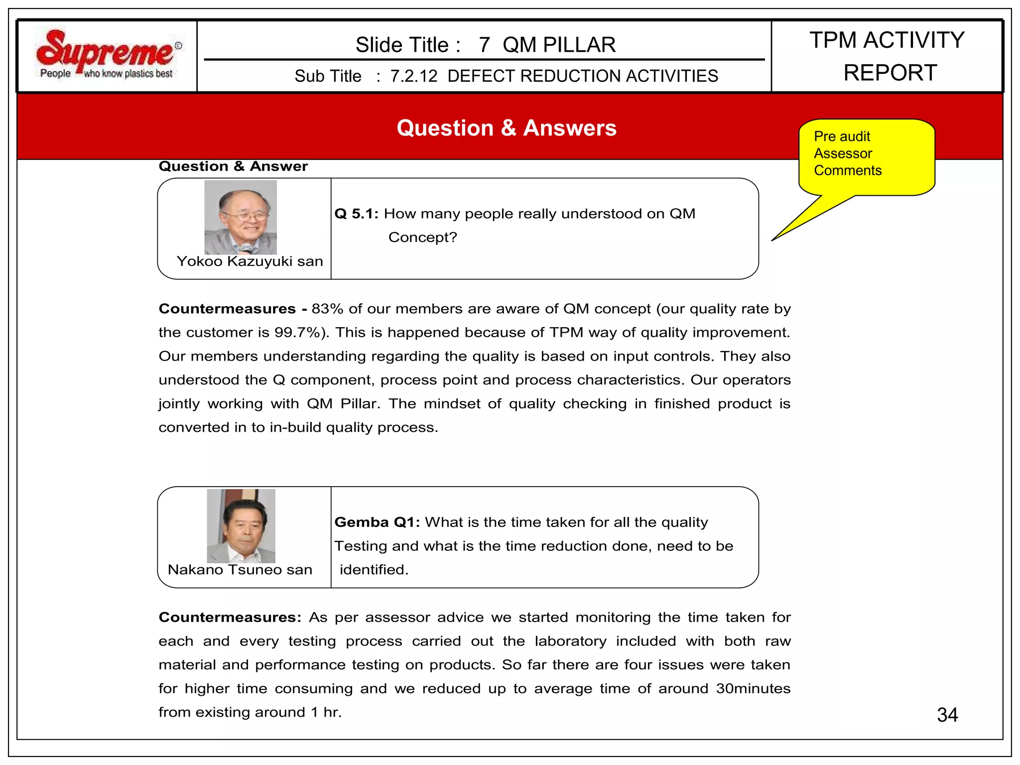 Sub Title  :  7.2.12  DEFECT REDUCTION ACTIVITIES Slide Title :  7  QM PILLAR  Question & Answers  Pre audit Assessor Comments TPM ACTIVITY REPORT 