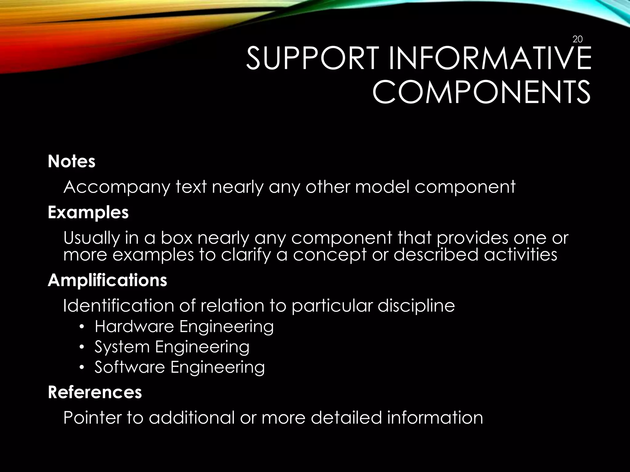 20

SUPPORT INFORMATIVE
COMPONENTS
Notes
Accompany text nearly any other model component
Examples
Usually in a box nearly any component that provides one or
more examples to clarify a concept or described activities
Amplifications
Identification of relation to particular discipline
• Hardware Engineering
• System Engineering
• Software Engineering

References
Pointer to additional or more detailed information

 