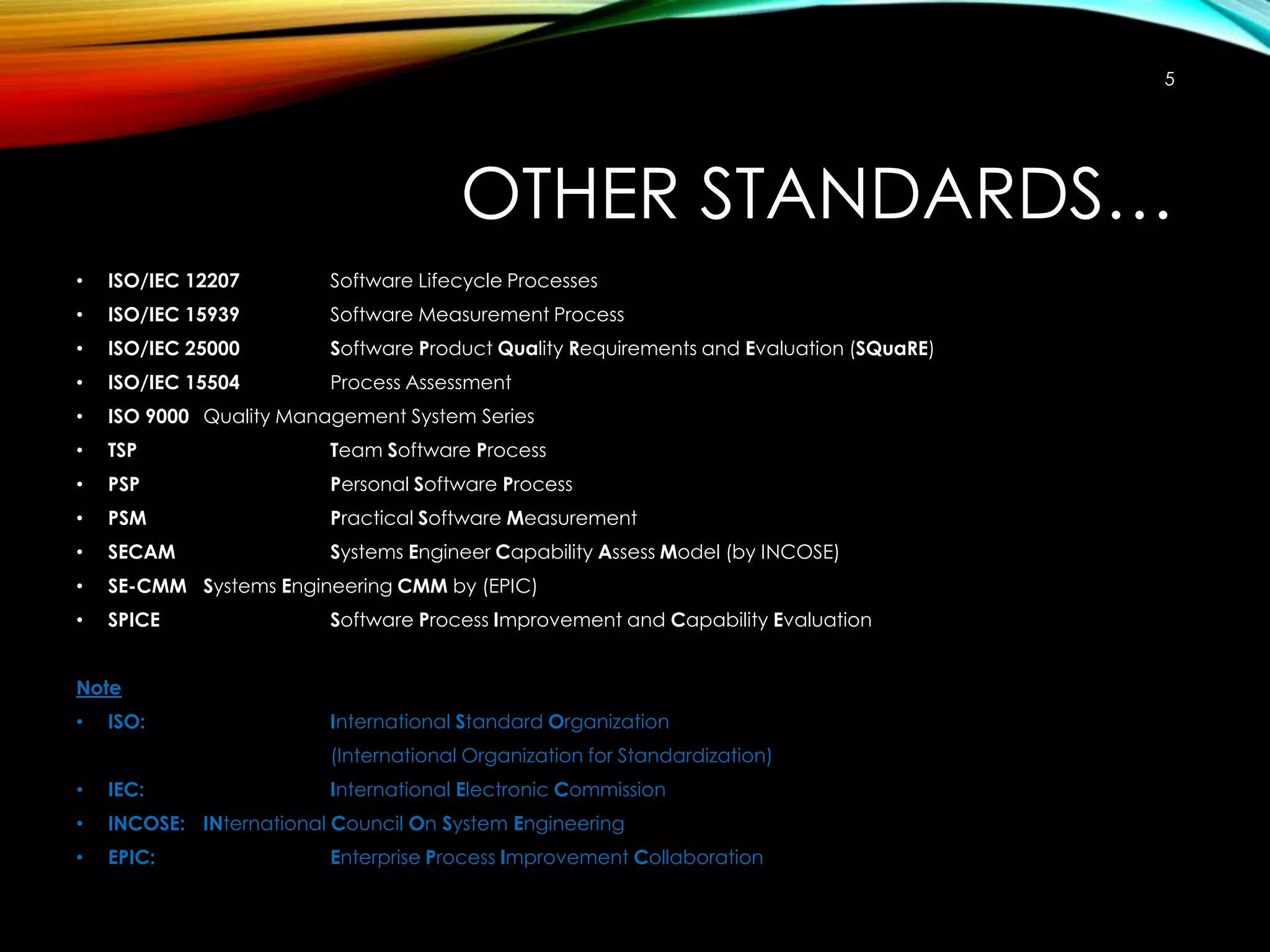 5

OTHER STANDARDS…
•

ISO/IEC 12207

Software Lifecycle Processes

•

ISO/IEC 15939

Software Measurement Process

•

ISO/IEC 25000

Software Product Quality Requirements and Evaluation (SQuaRE)

•

ISO/IEC 15504

Process Assessment

•

ISO 9000 Quality Management System Series

•

TSP

Team Software Process

•

PSP

Personal Software Process

•

PSM

Practical Software Measurement

•

SECAM

Systems Engineer Capability Assess Model (by INCOSE)

•

SE-CMM Systems Engineering CMM by (EPIC)

•

SPICE

Software Process Improvement and Capability Evaluation

Note
•

ISO:

International Standard Organization
(International Organization for Standardization)

•

IEC:

International Electronic Commission

•

INCOSE: INternational Council On System Engineering

•

EPIC:

Enterprise Process Improvement Collaboration

 